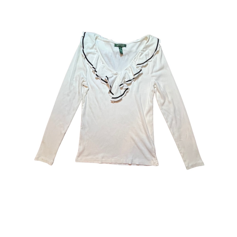 Lauren Ralph Lauren White Long Sleeve Ruffle-Trim Button Down Top